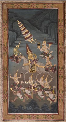 Lot 4 - Thai school, 19th/20th century, three paintings on textile of mythological scenes