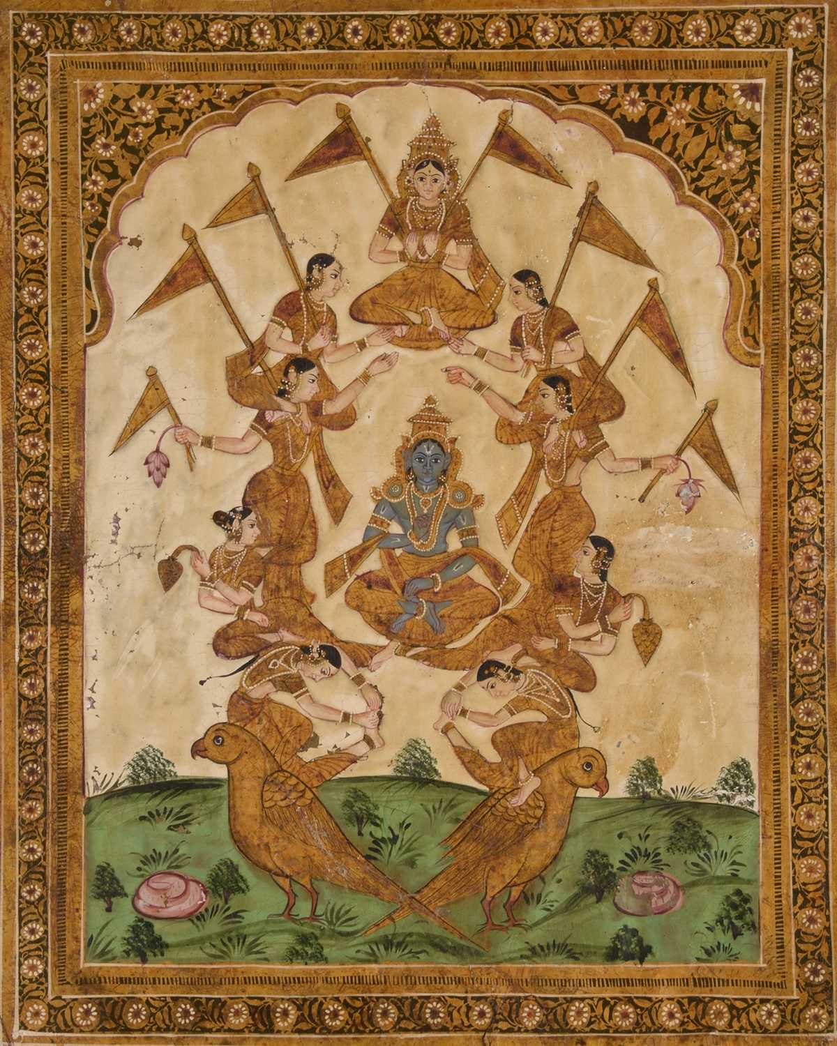 Lot 36 - Indian school, possibly Deccan, painting of Krishna and Radha accompanied by dancers