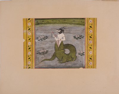 Lot 139 - An Indian miniature painting of a deity emerging from a crocodile, Deccan, 18th century