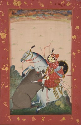 Lot 140 - An Indian miniature painting of a nobleman hunting a boar, Deccan, 18th/19th century