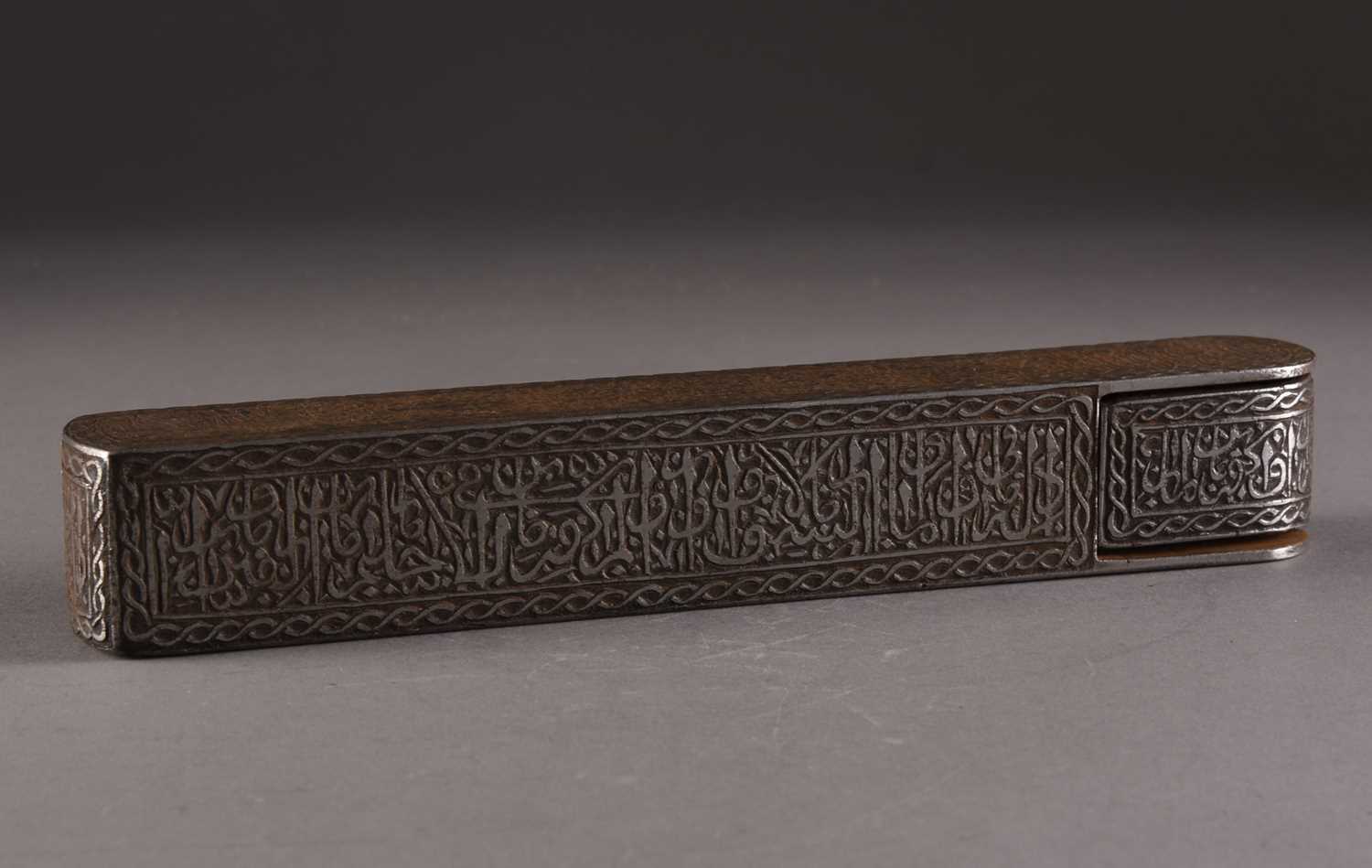 Lot 59 - A Persian steel pen box or Qalamdan, Qajar Dynasty, 19th century