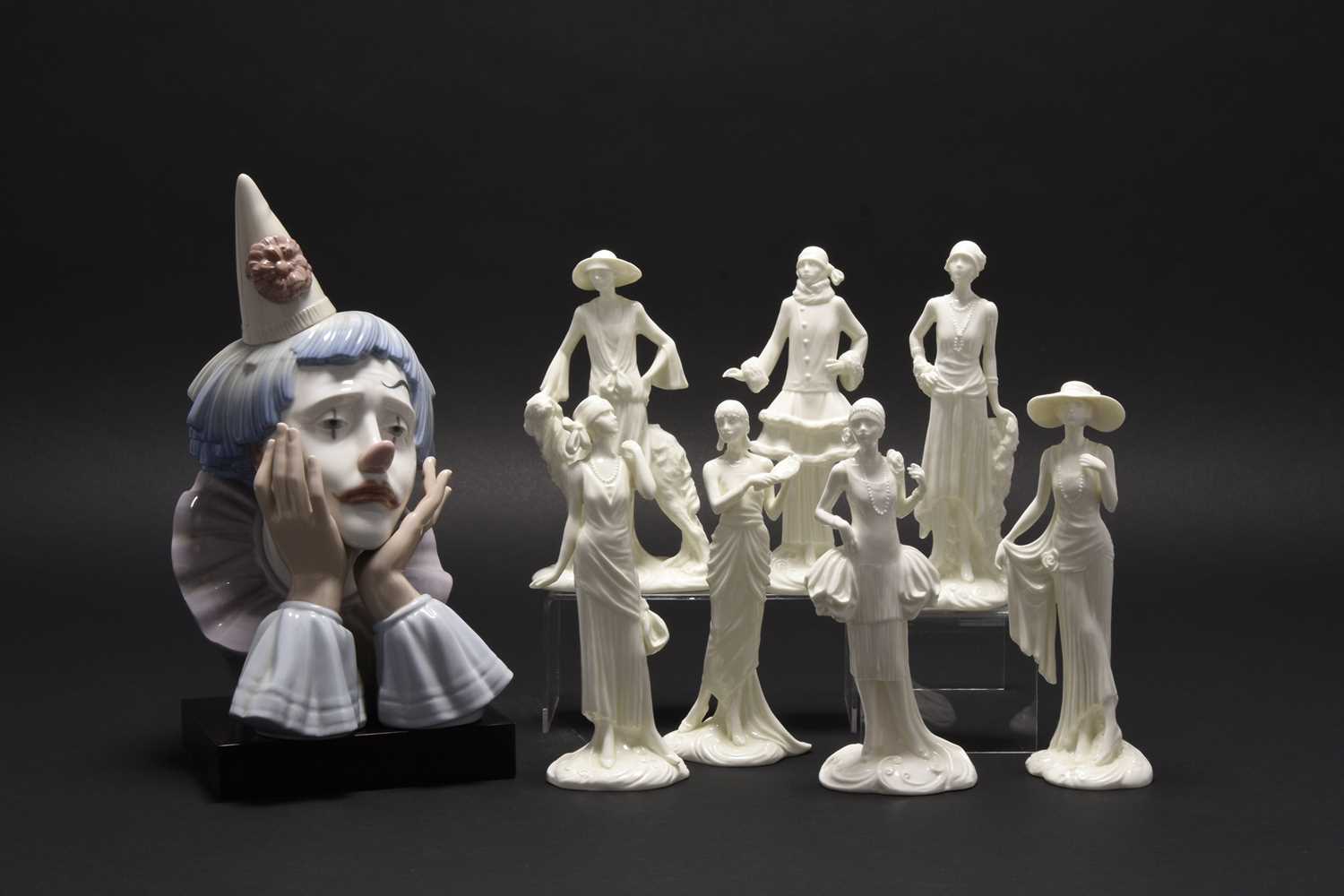 Lot 179 - Lladro 'Sad Clown' bust and seven Royal Worcester 1920s Vogue Collection figures