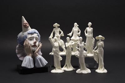 Lot 179 - Lladro 'Sad Clown' bust and seven Royal Worcester 1920s Vogue Collection figures