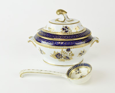 Lot 66 - Late Caughley or early Coalport 'Dresden Flowers' sauce tureen with matching ladle