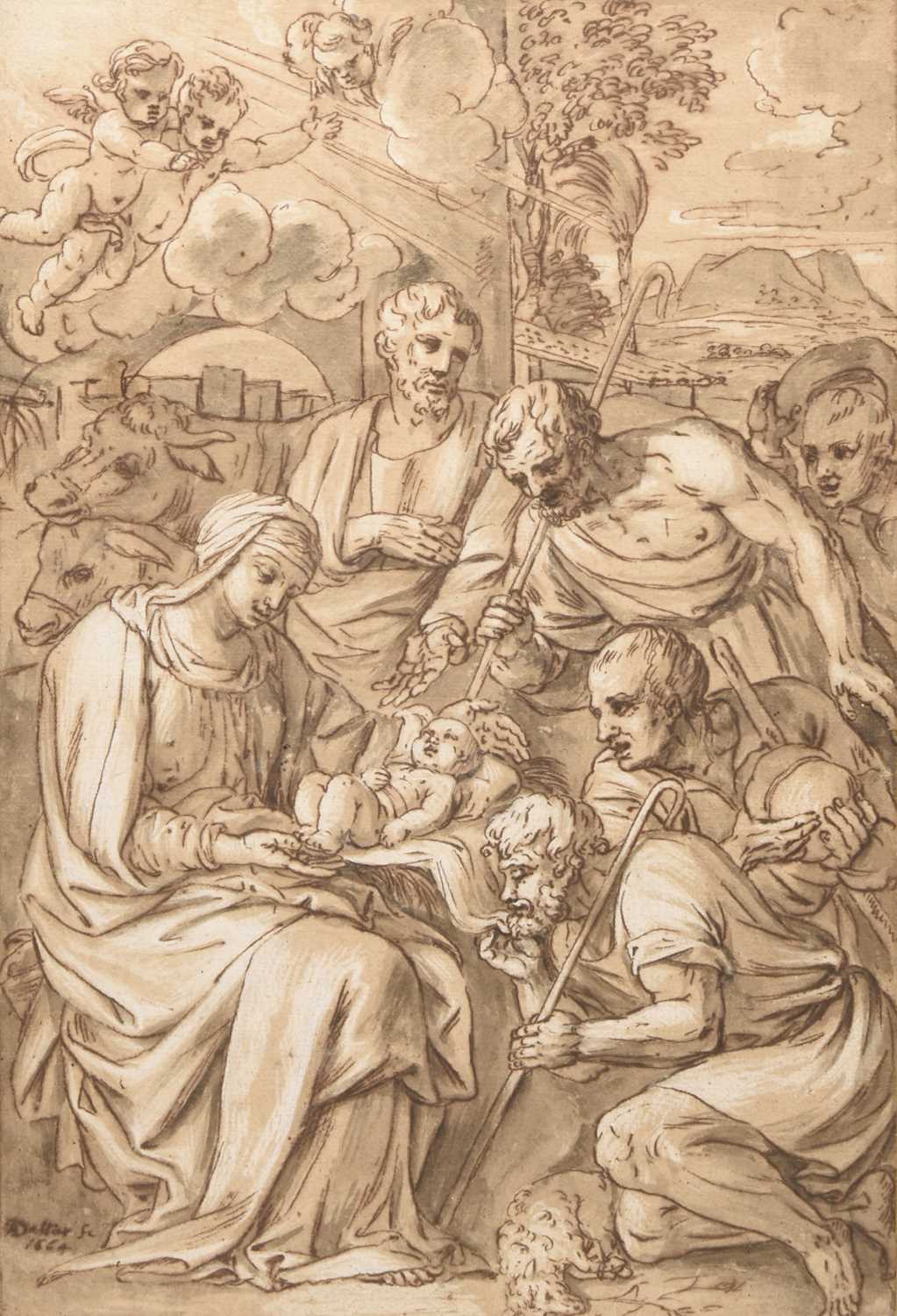 Lot 9 - Attributed to Adrien Dassier (Lyon 1655-1690) The Adoration of the Shepherds