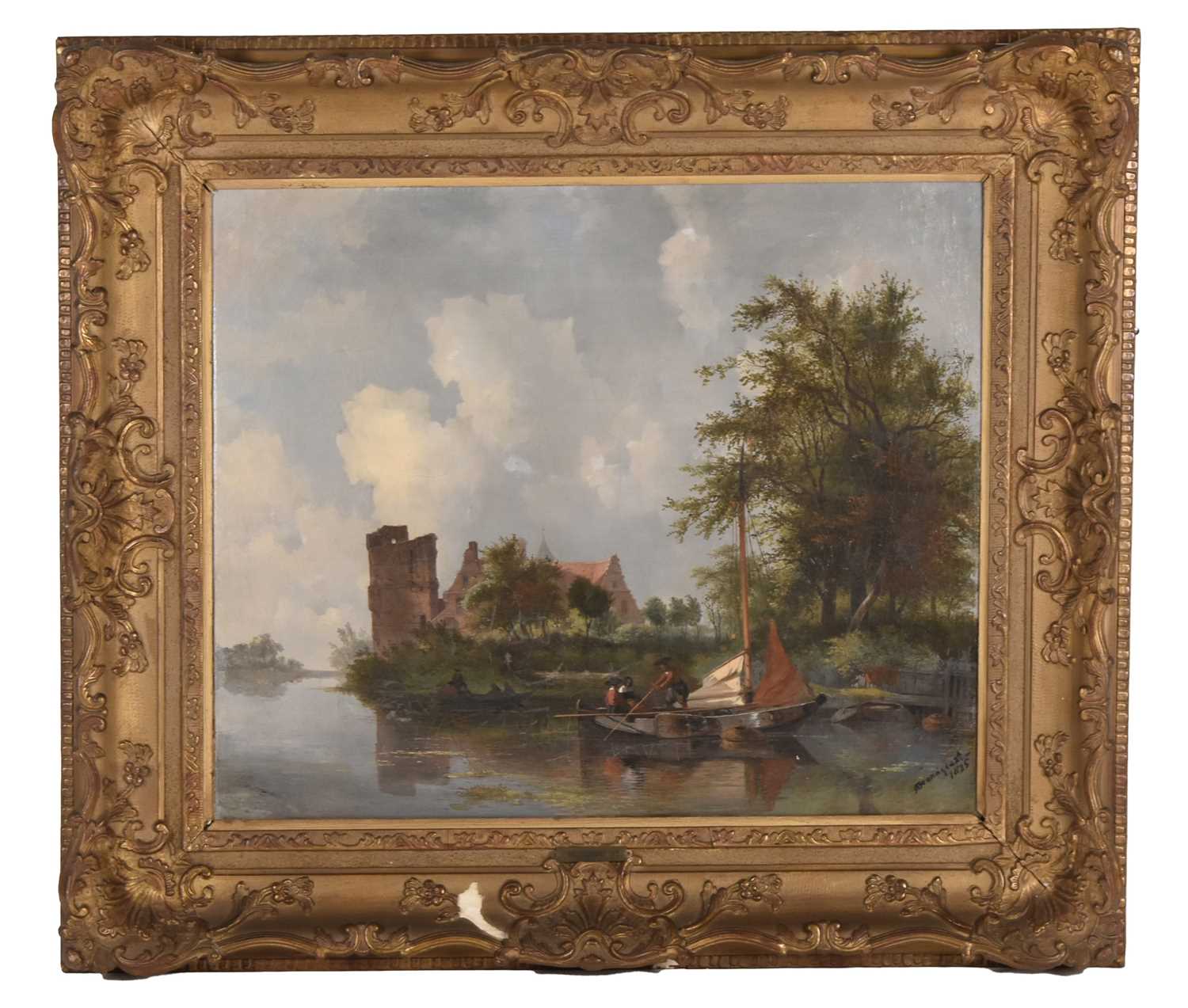 Lot 21 - Albertus Brondgeest (Netherlands 1786-1849) A River Landscape with Ferry