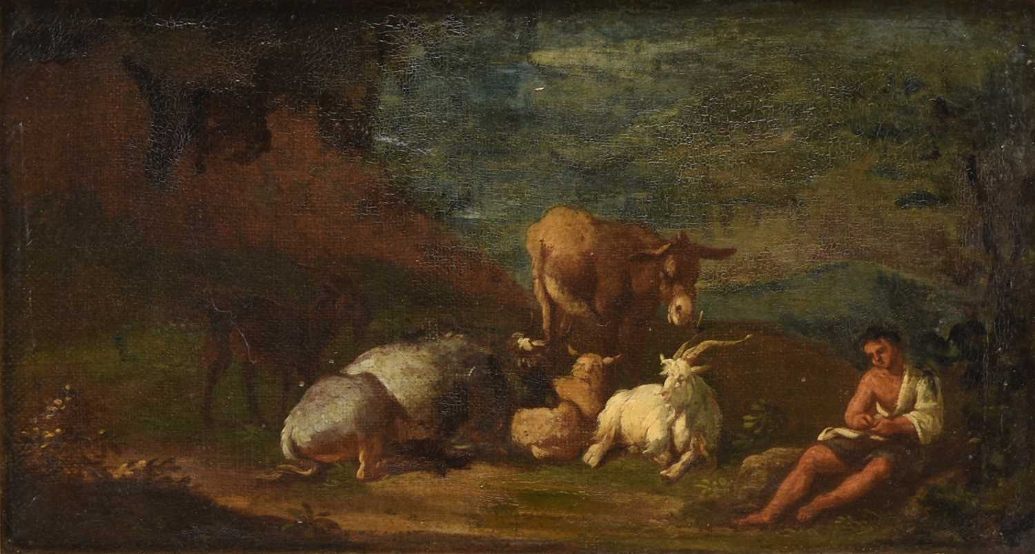 Lot 22 - Follower of Philipp Peter Roos (called Rosa di Tivoli 1655-1706) A Boy Tending Goats, Cattle and a Donkey