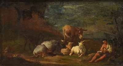 Lot 22 - Follower of Philipp Peter Roos (called Rosa di Tivoli 1655-1706) A Boy Tending Goats, Cattle and a Donkey