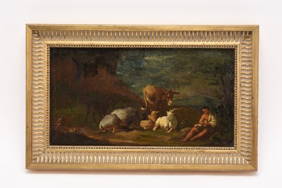 Lot 22 - Follower of Philipp Peter Roos (called Rosa di Tivoli 1655-1706) A Boy Tending Goats, Cattle and a Donkey