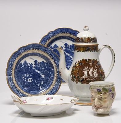 Lot 233 - Yorkshire coffee pot, Caughley plates, Derby dish and a Continental Bacchus mug