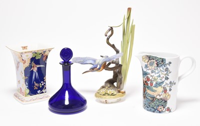 Lot 122 - Bristol blue decanter with Spode 'Java' vase, Spode 'Strawbery Thief' jug and a Clermont Kingfisher