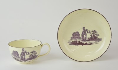 Lot 90 - English creamware teacup and saucer with 'Opera Girl in the Character of Flora' print