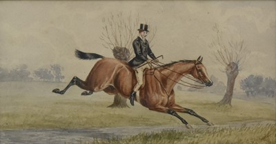 Lot 310 - British School (19th century), Horserider leaping over a stream, signed Wheeler