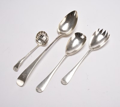 Lot 109 - A George III silver basting spoon, a pair of silver salad servers and a sugar sifter spoon