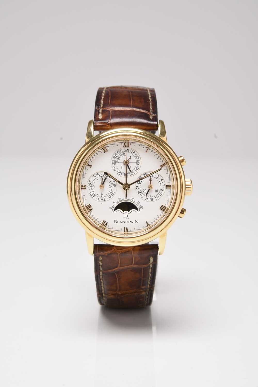Lot 406 - Blancpain: A gentleman's 18ct gold Villeret perpetual calendar chronograph wristwatch