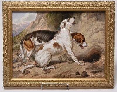 Lot 161 - English porcelain plaque by Robert Perling, Foxhounds gone to Earth