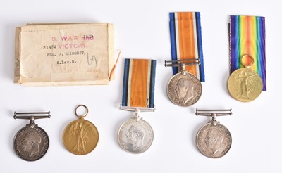 Lot 116 - Six Assorted WW1 Medals Including Two Pairs, KSLI and South Lancs Interest