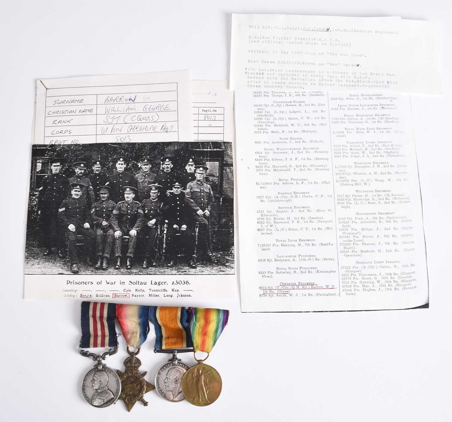 Lot 56 - Great War M.M. and Early POW Group to Temp Coy. Qr-Mr-Sgt G. Barrow, Cheshire Regt