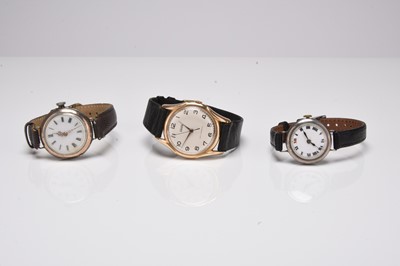 Lot 431 - Unver: A gentleman's 18ct gold wristwatch together with two early 20th century watches