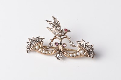 Lot 319 - A late 19th century rose cut diamond, ruby and seed pearl brooch