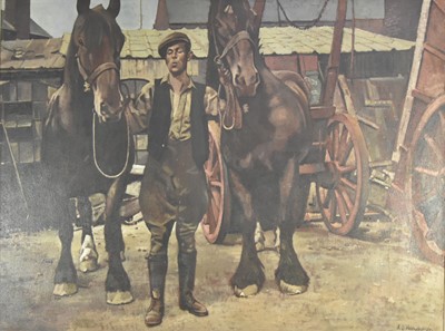 Lot 315 - Albert Lawrence Hammonds (1930-1994) Groom with two trap horses