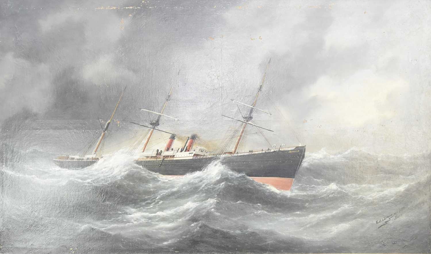 Lot 9 - Edouard Adam (French 1847-1929) Steam Ship 'The Labrador' in Rough Seas