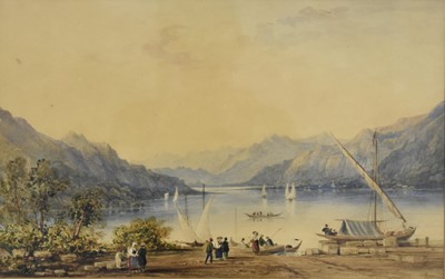Lot 340 - Continental School (19th Century) Figures at a Lakeside with Sailing Boats on the Water