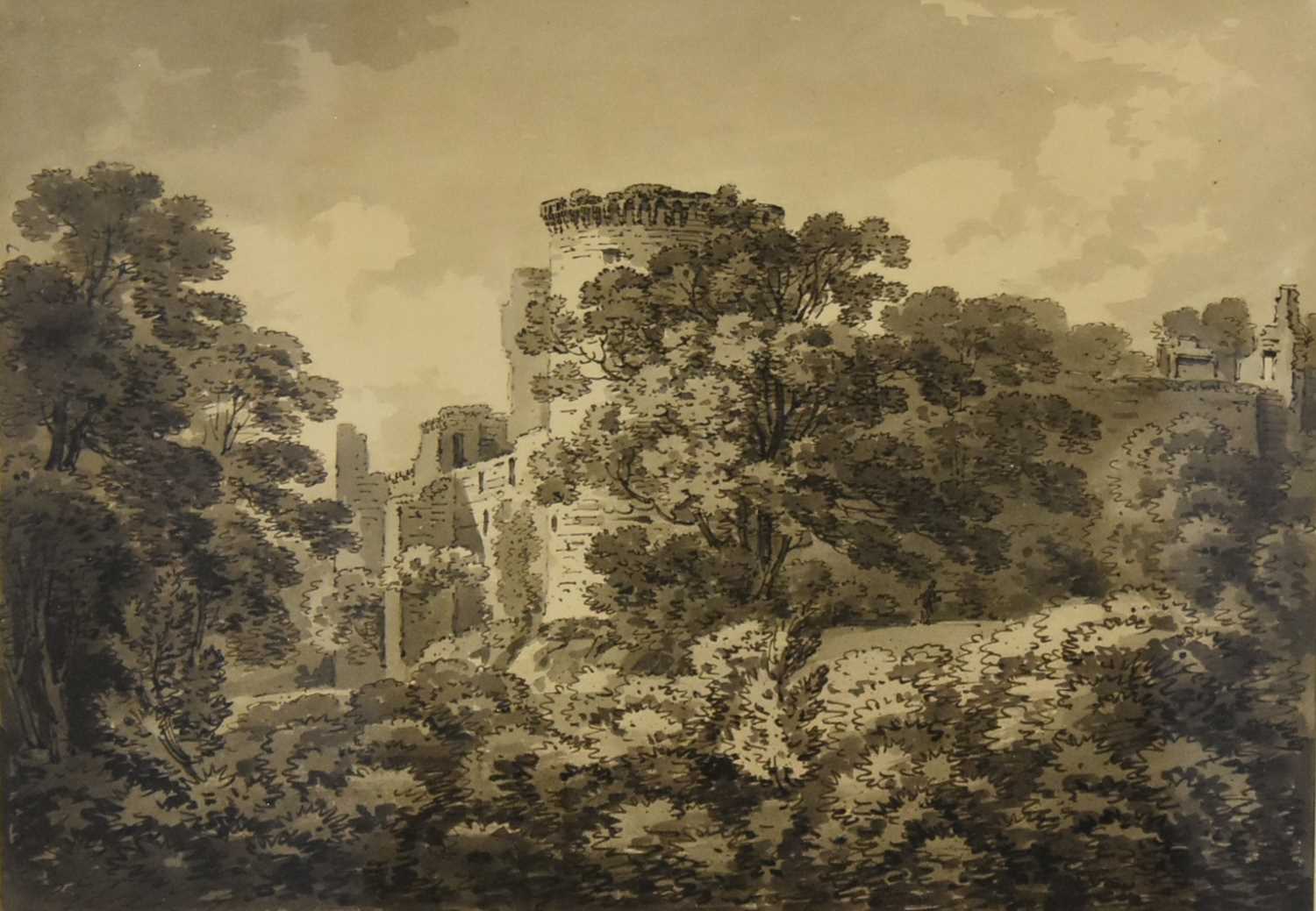 Lot 25 - Hugh 'Grecian' Williams (1773-1829) Castle Ruins in a Wooded Landscape