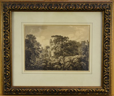Lot 25 - Hugh 'Grecian' Williams (1773-1829) Castle Ruins in a Wooded Landscape
