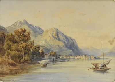 Lot 343 - Edouard Auguste Nousveaux (1811-1867) Fishing Vessels on a Lake with Town and Mountains Beyond