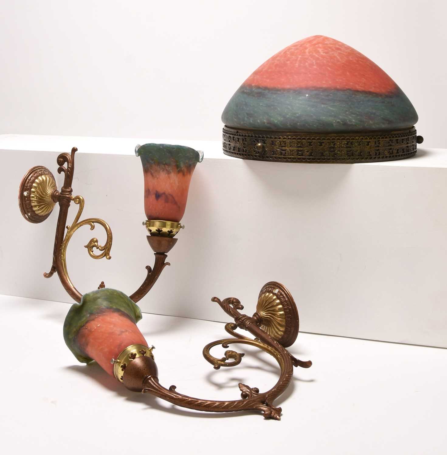 Lot 325 - A reproduction French pate-de-verre style glass plafonnier with matching wall sconces