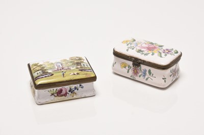 Lot 404 - Bilston enamel box, 18th century, with a later French faience example