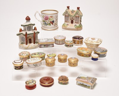 Lot 174 - Two Staffordshire pastille burners, a mug and eighteen boxes including Halcyon Days enamels