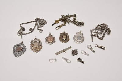 Lot 97 - A collection of pocket watches and associated silver chains and fobs