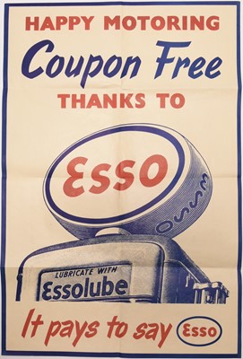 Lot 34 - Esso 1950's advertising poster - 'Happy Motoring, Coupon Free, Thanks To Esso' and other related items (13)