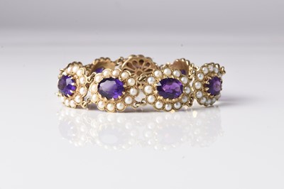 Lot A 9ct gold amethyst and seed pearl bracelet