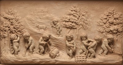 Lot 55 - Thomas Henry Kendall (1837-1919) attrib., a carved limewood panel of putti in a landscape