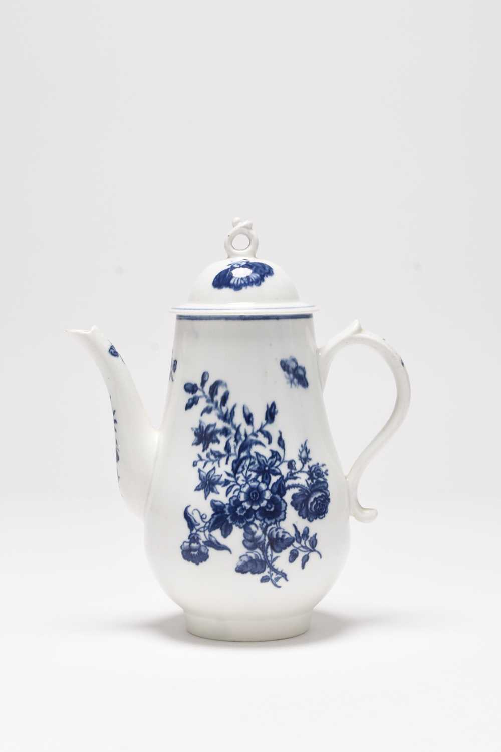 Lot 10 - Caughley 'Three Flowers' coffee pot and cover with earlier flame knop finial, circa 1777-80