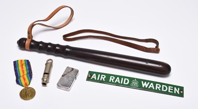 Lot 198 - Military police truncheon, WW2 A.R.P sign, Royal Fusiliers silver lighter etc