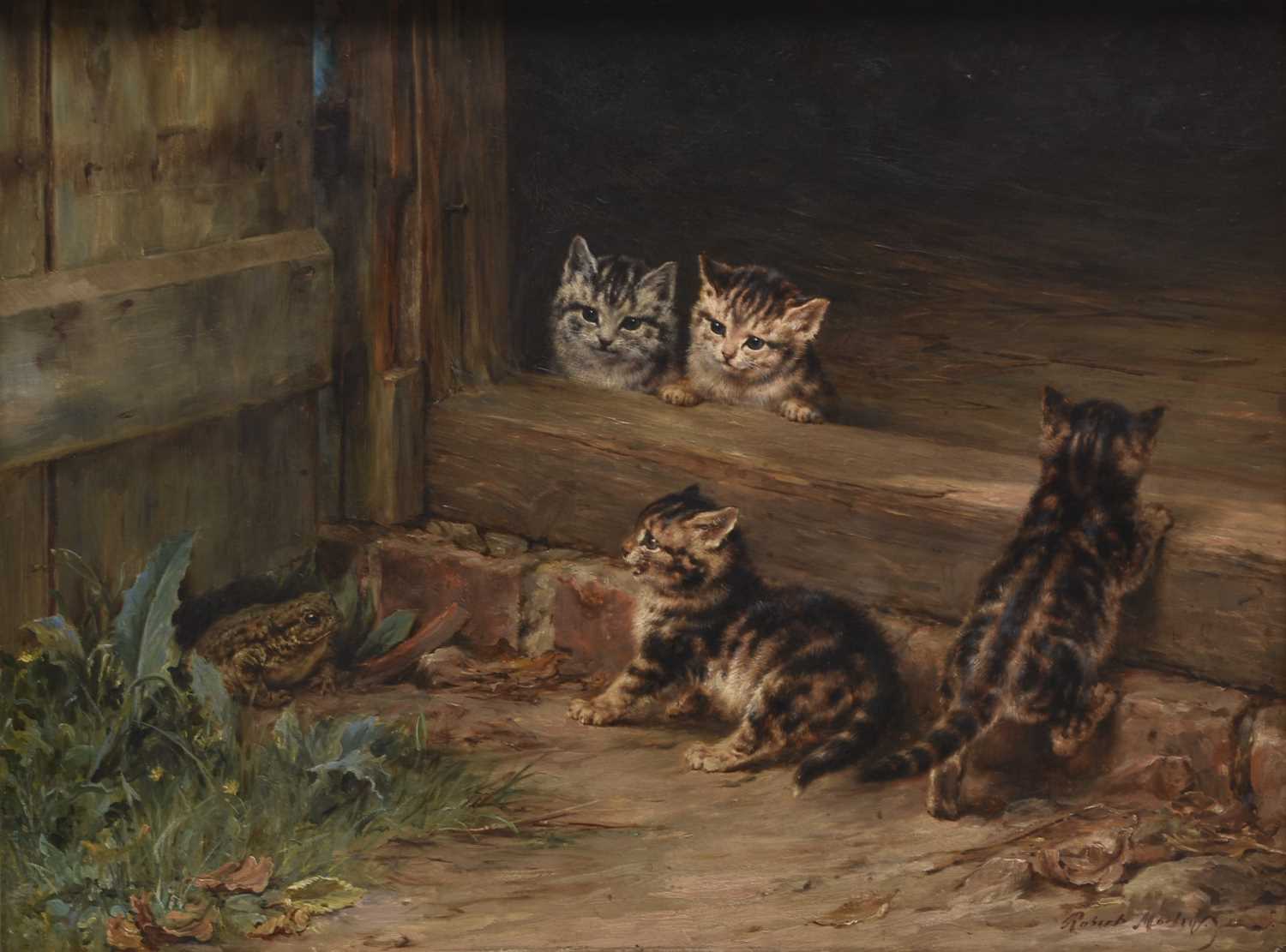 Lot 19 - Robert Morley (British 1857-1941) Four Kittens Observing a Toad
