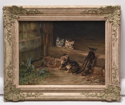 Lot 19 - Robert Morley (British 1857-1941) Four Kittens Observing a Toad