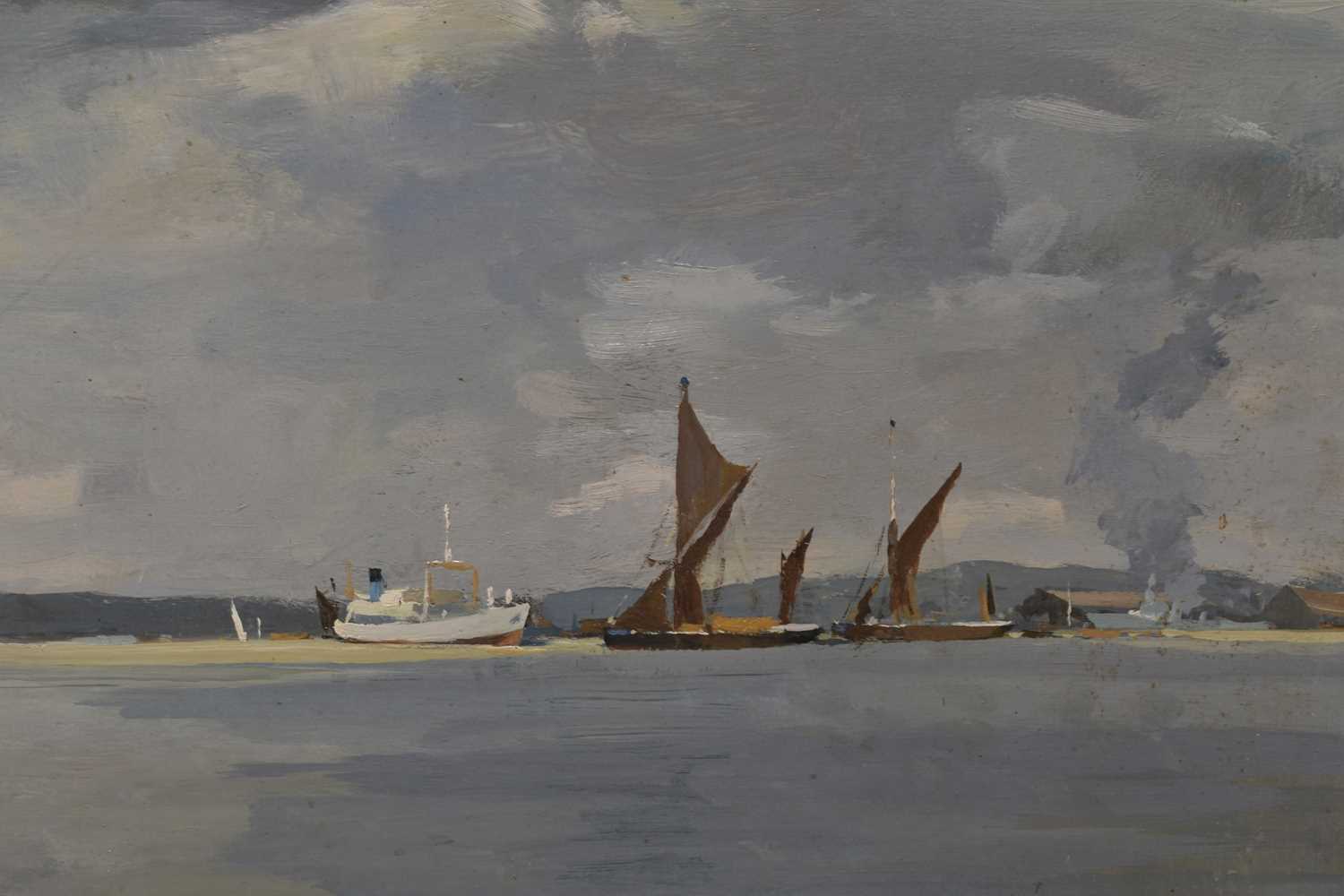 Lot 2 - Edward Wesson (British, 1910-1983) Seascape with Vessels at Anchor