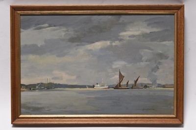 Lot 2 - Edward Wesson (British, 1910-1983) Seascape with Vessels at Anchor