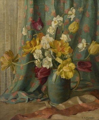 Lot 328 - Thomas Alfred Clarke (fl. 1927-1938) Still Life Spring Flowers in a Green Jug