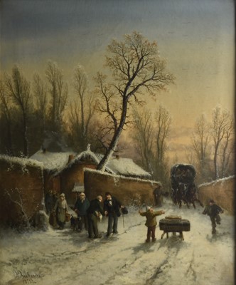 Lot 30 - Continental School (19th century), Coach approaching on a snow covered road