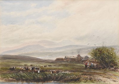 Lot 67 - James Orrock (1829-1913) Figures by a Pond, with cattle grazing in the foreground