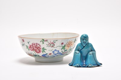 Lot 239 - A Chinese famille rose bowl and a turquoise glazed Buddha