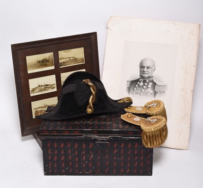 Lot 241 - Royal Navy bicorn hat and epaulettes owned by Admiral Sir R.F. Phillimore