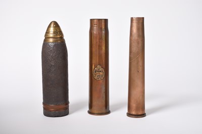Lot 260 - WW1 Mk3 6pr Hotchkiss cartridge case with Tank Corps badge, 18pr shell and a 40mm shell