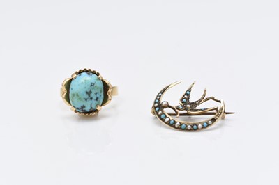 Lot 276 - An Egyptian turquoise ring and a 9ct gold brooch
